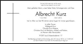 Traueranzeige von Kurz Albrecht von Pegnitz-Zeitung